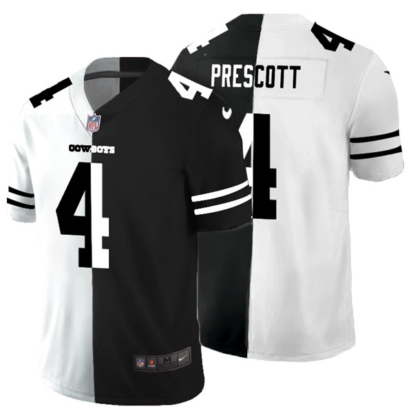 Men's Dallas Cowboys #4 Dak Prescott Black & White NFL Split 2020 Stitched Jersey